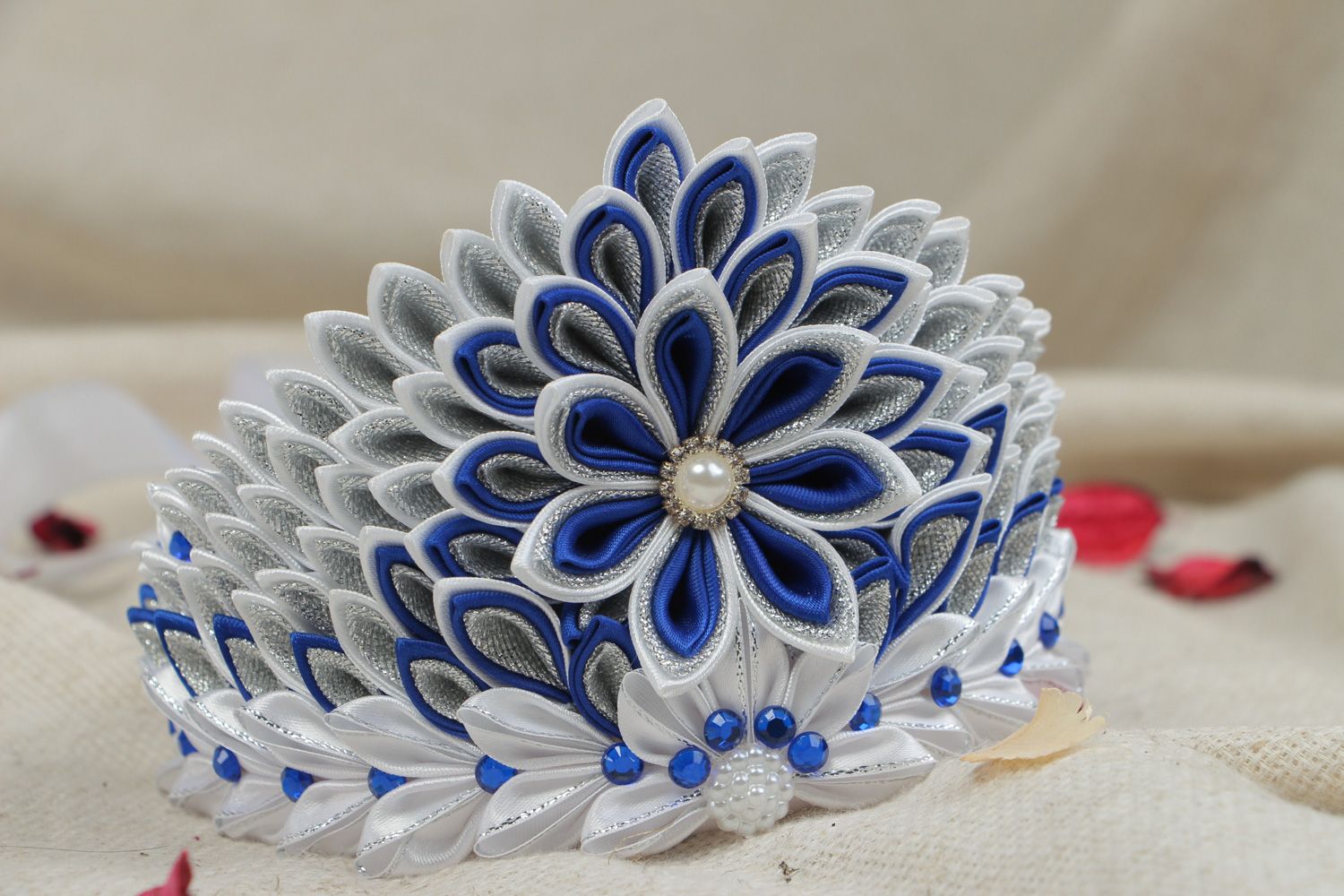 Beautiful volume handmade crown with satin ribbons in white and blue color palette photo 5
