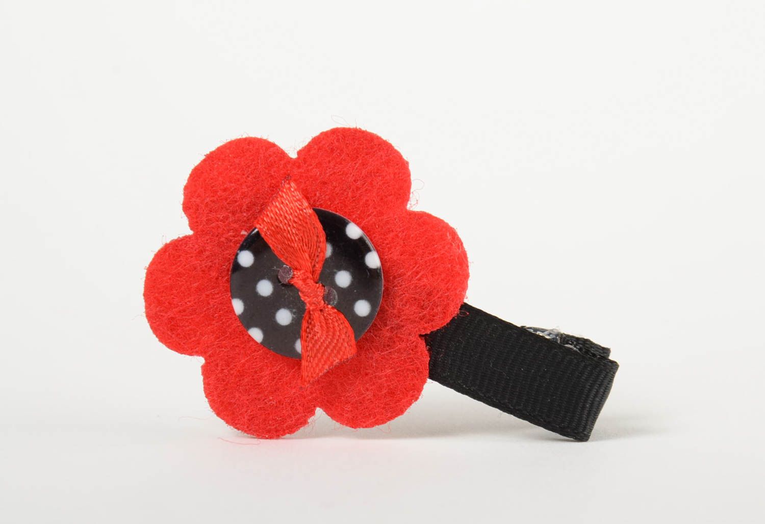 Детская заколка цветок из флиса и репсовых лент красная с черным ручной работы фото 4