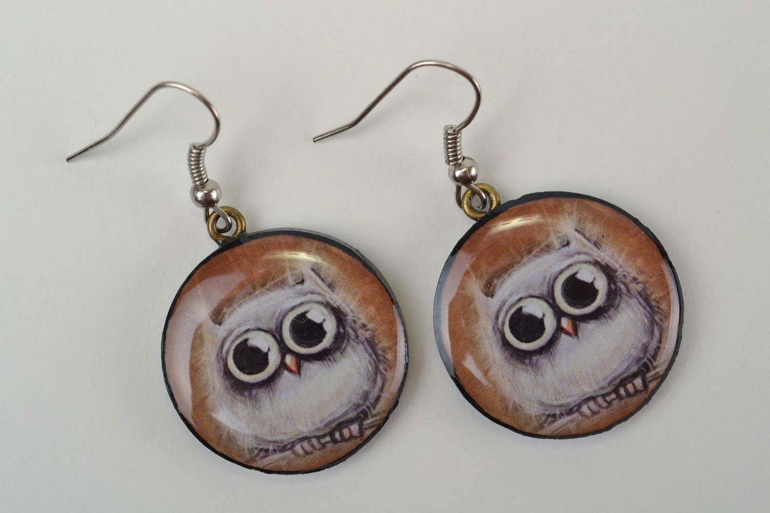 Handmade round polymer clay decoupage dangling earrings with image of owls photo 3