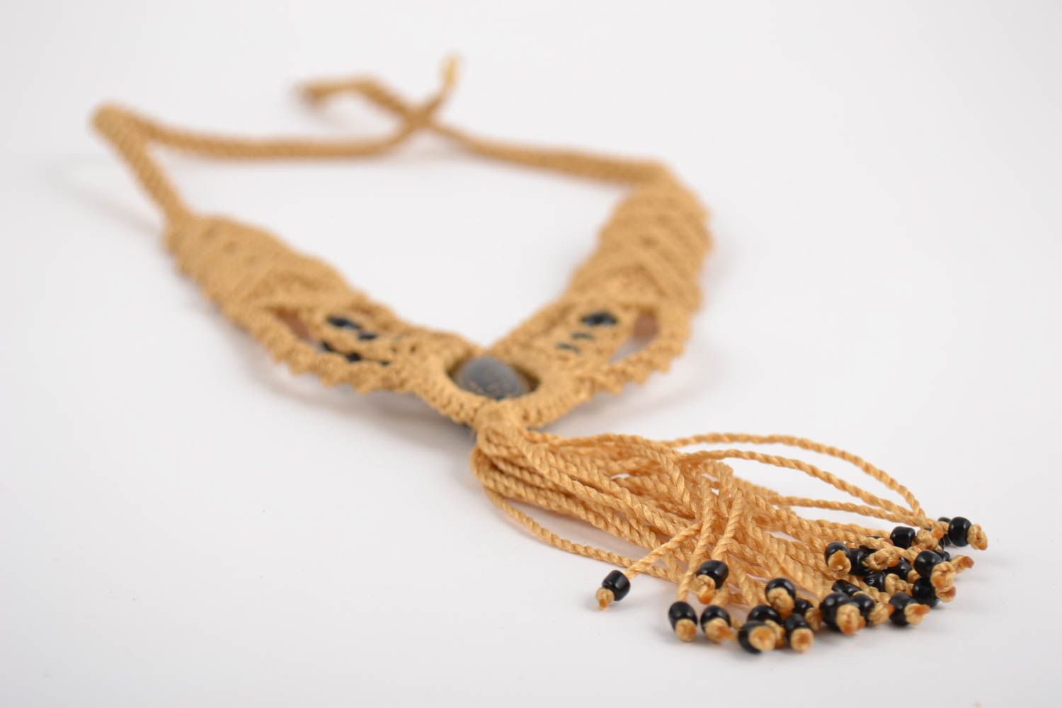 Handmade designer long macrame woven necklace of sand color with beads photo 3
