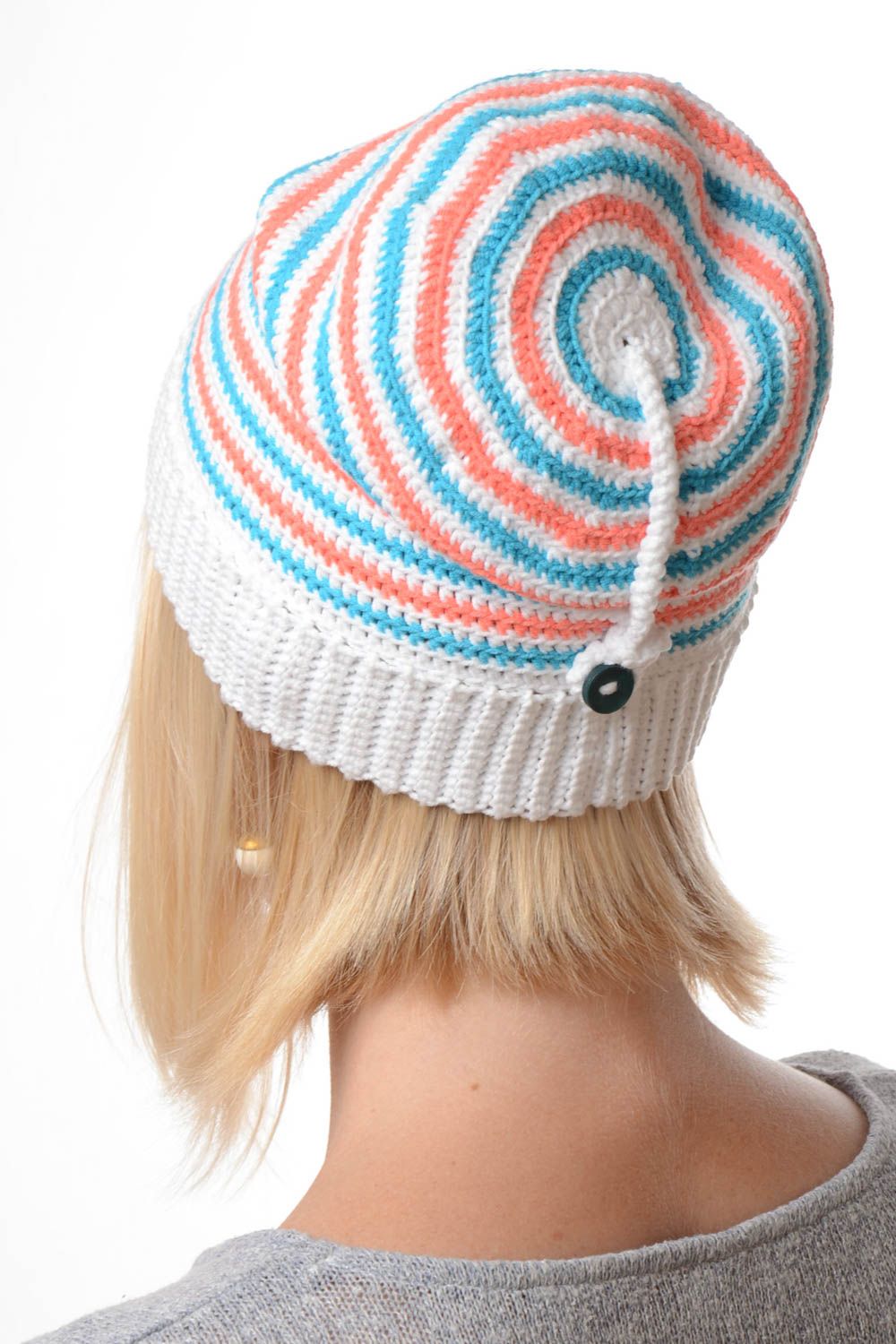 Bonnet tricot fait main Chapeau au crochet rayures Vêtement femme design photo 2