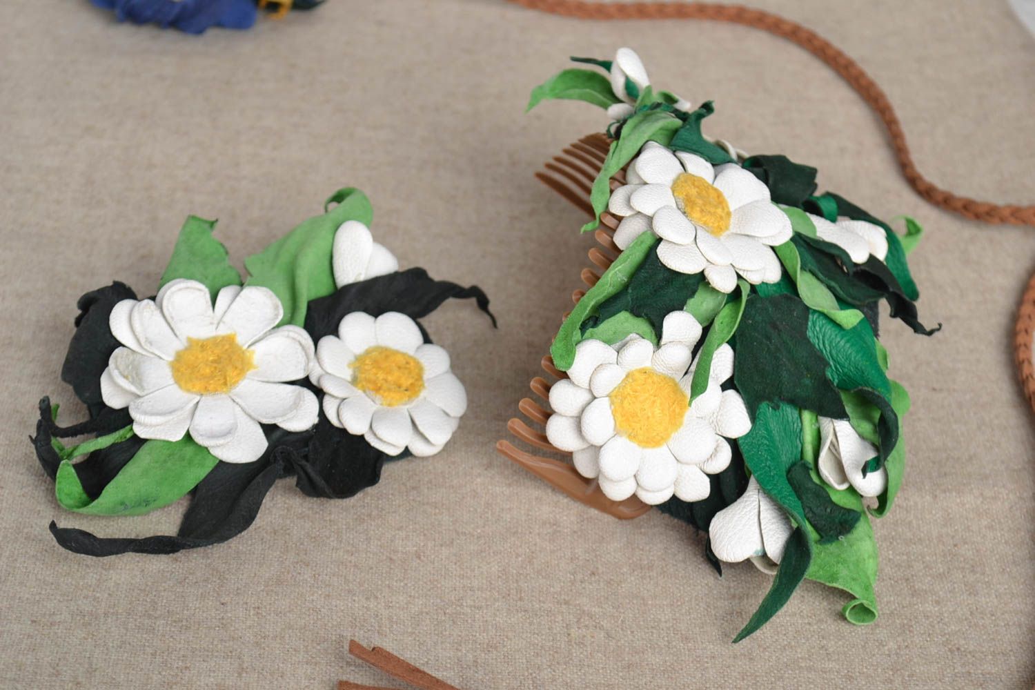 Leather barrette set of two designer handmade textile accessories for girls photo 1