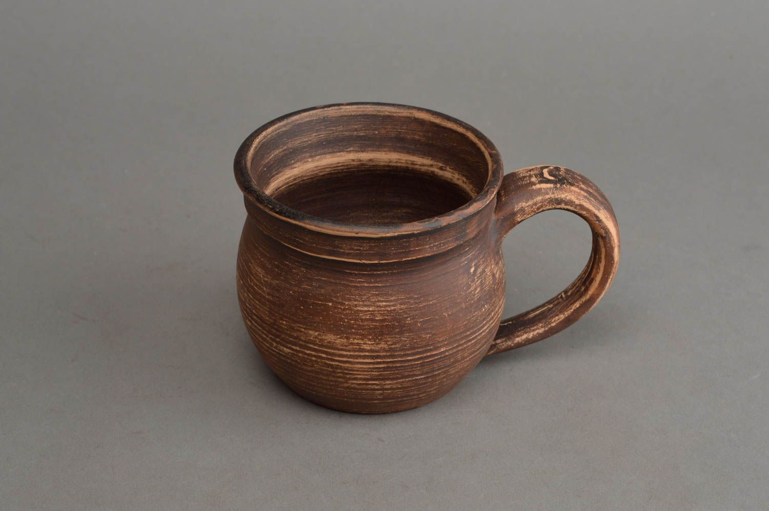 Brown 8 oz cup red clay rustic style pottery with handle and no pattern photo 3
