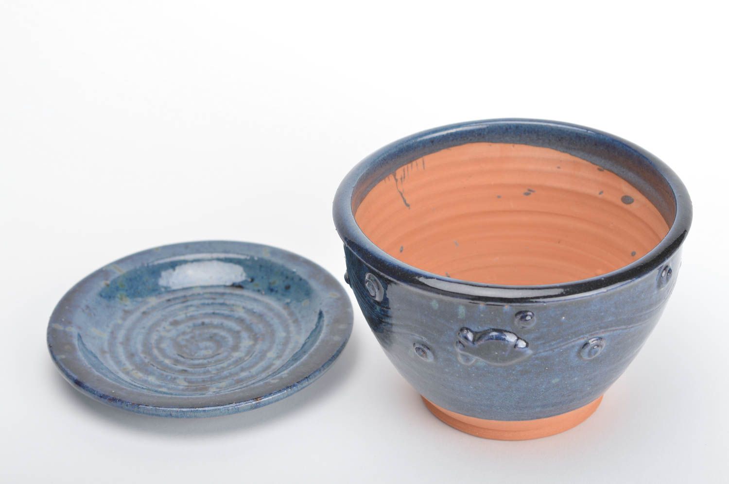 Керамический цветной горшок с тарелкой 60х160х25 из красной глины ручной работы фото 2