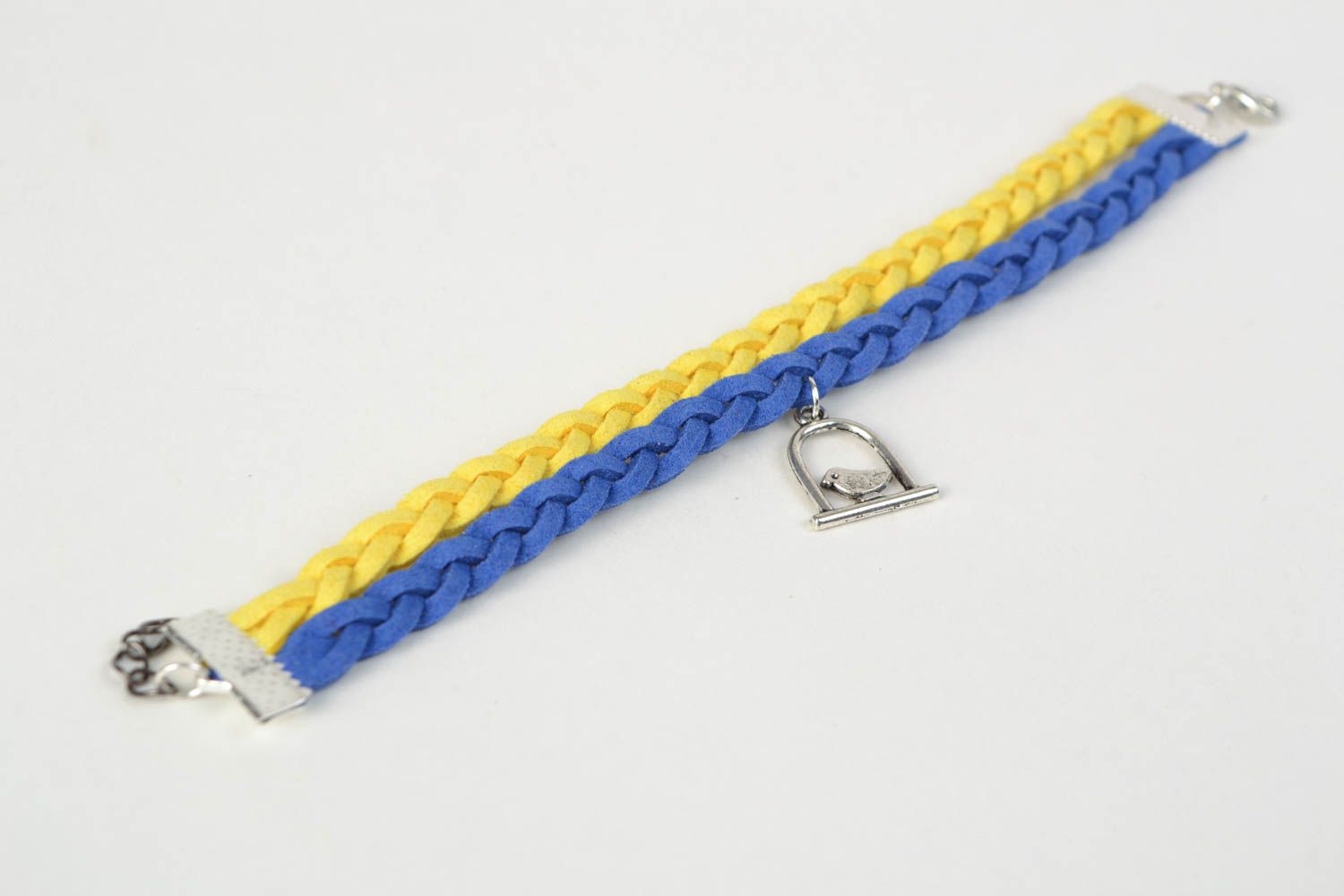 Bright handmade woven suede cord bracelet with bird charm photo 5