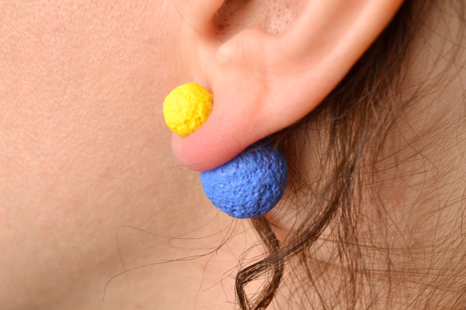 Handmade polymer clay stud earrings of round shape in yellow and blue colors photo 2