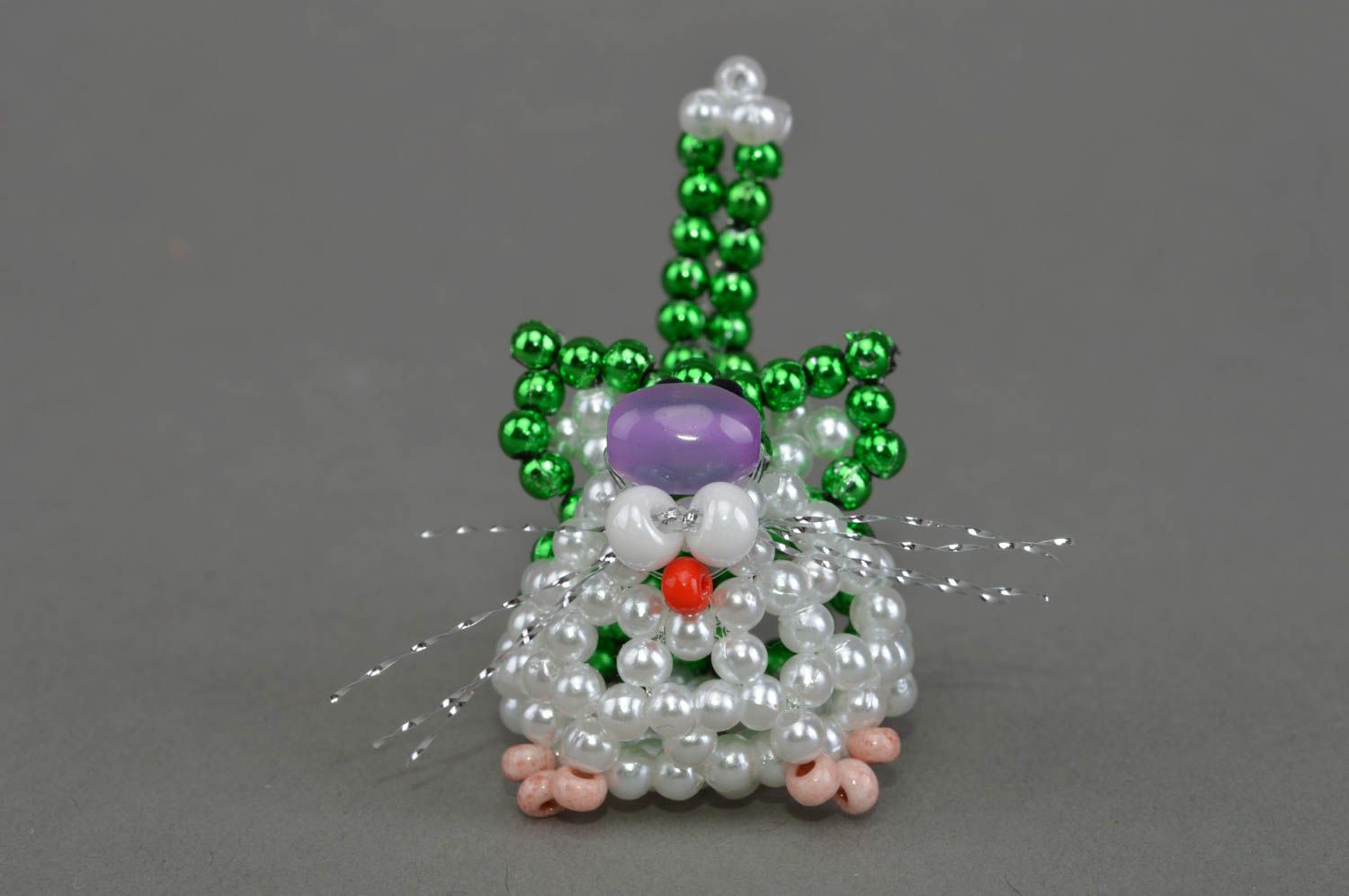 Collectible miniature bead woven figurine of green kitten handmade decoration photo 4