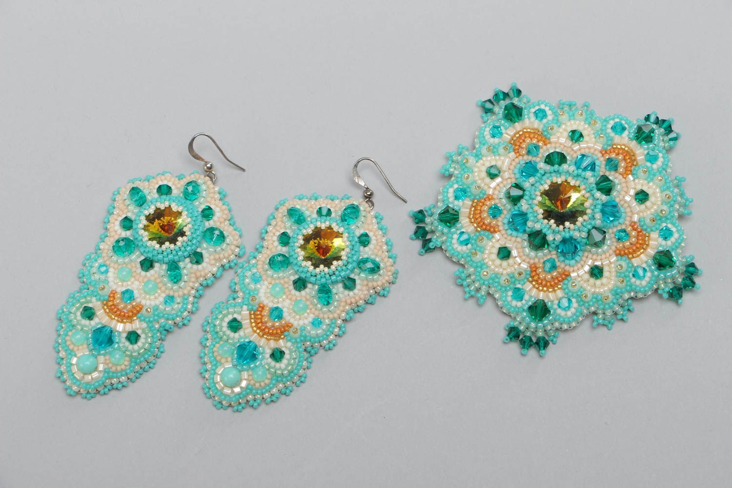 Set of handmade brooch and earrings embroidered with beads and Austrian crystals photo 2