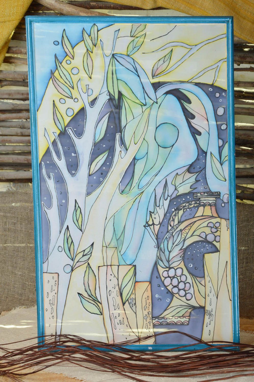 Handgemachtes abstraktes Batik Wandbild aus Naturstoff in blauen Farben  foto 1