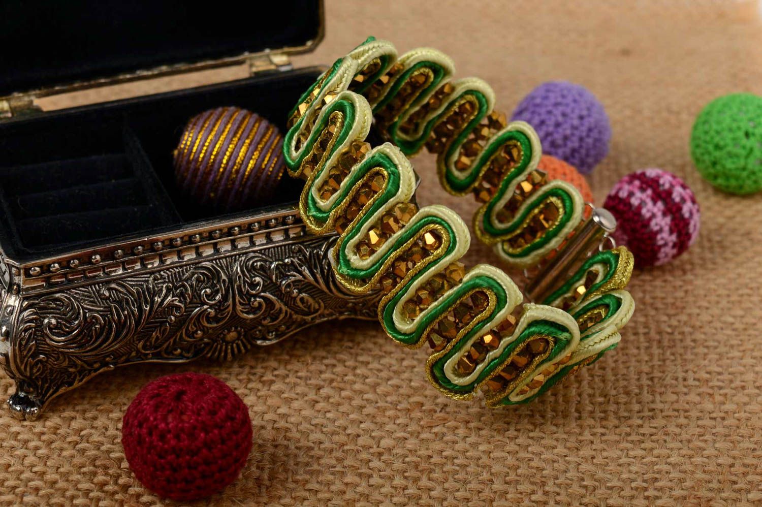 Beautiful homemade designer soutache bracelet with Czech crystal beads photo 1
