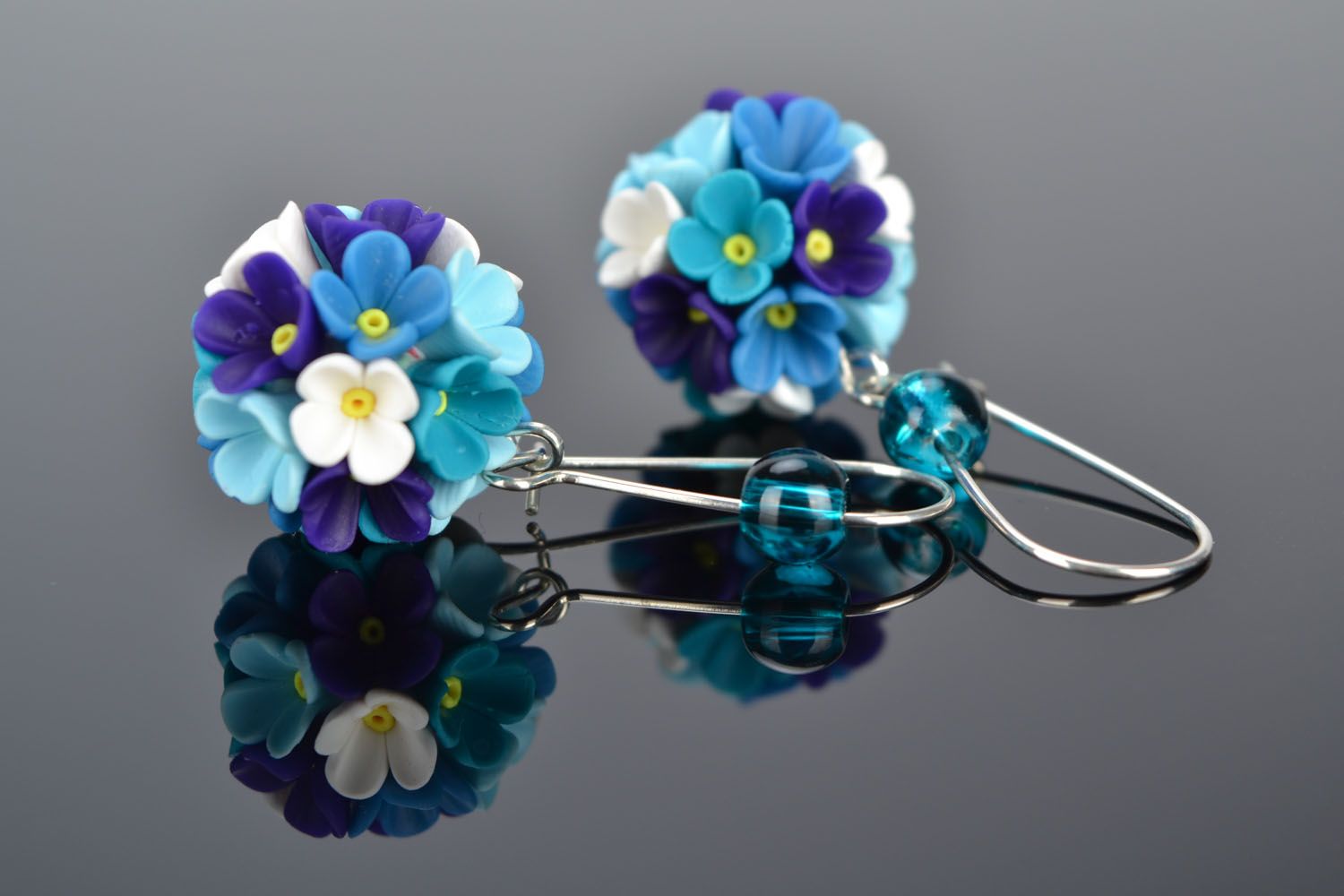 Bright polymer clay earrings Blue Bouquet photo 1