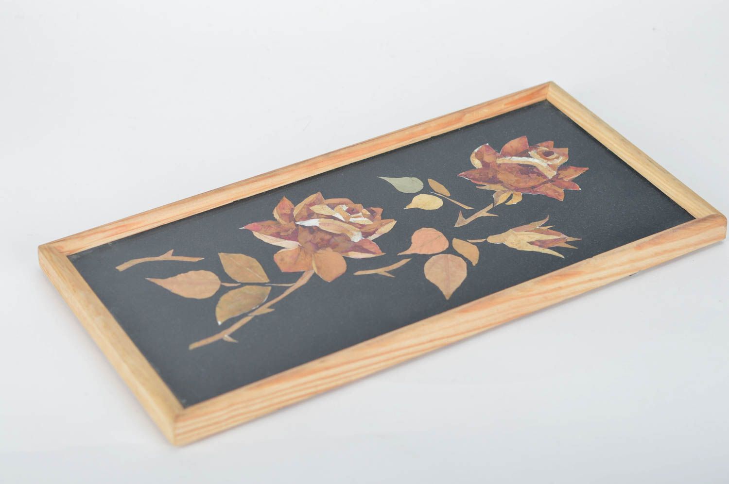 Handmade decorative picture collage with dried leaves and petals on black fabric photo 5