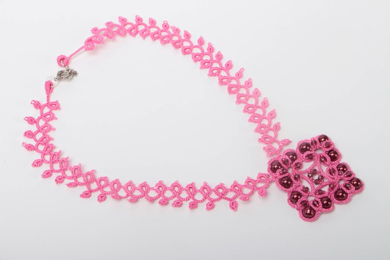 Handmade silk pendant beaded pink necklace openwork designer accessory photo 2