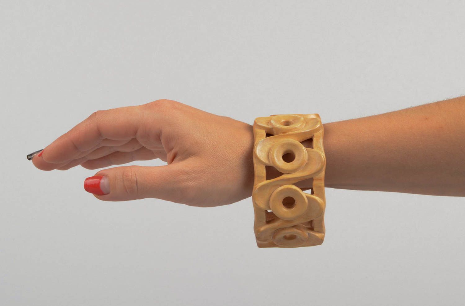Unusual bracelet wooden wrist accessory designer cut out bracelet for women photo 6
