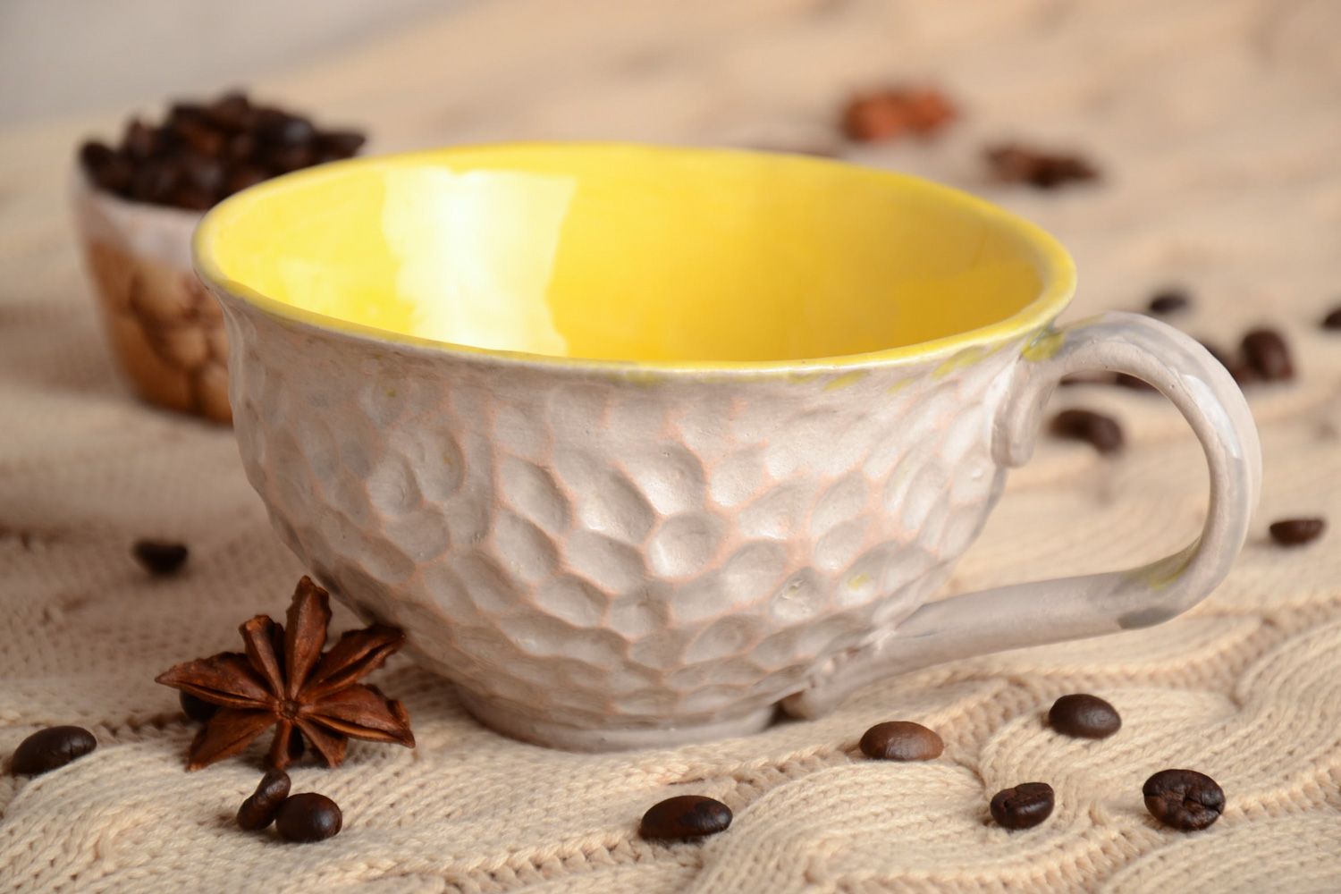 Beige and yellow coffee ceramic glazed cup with handle photo 1