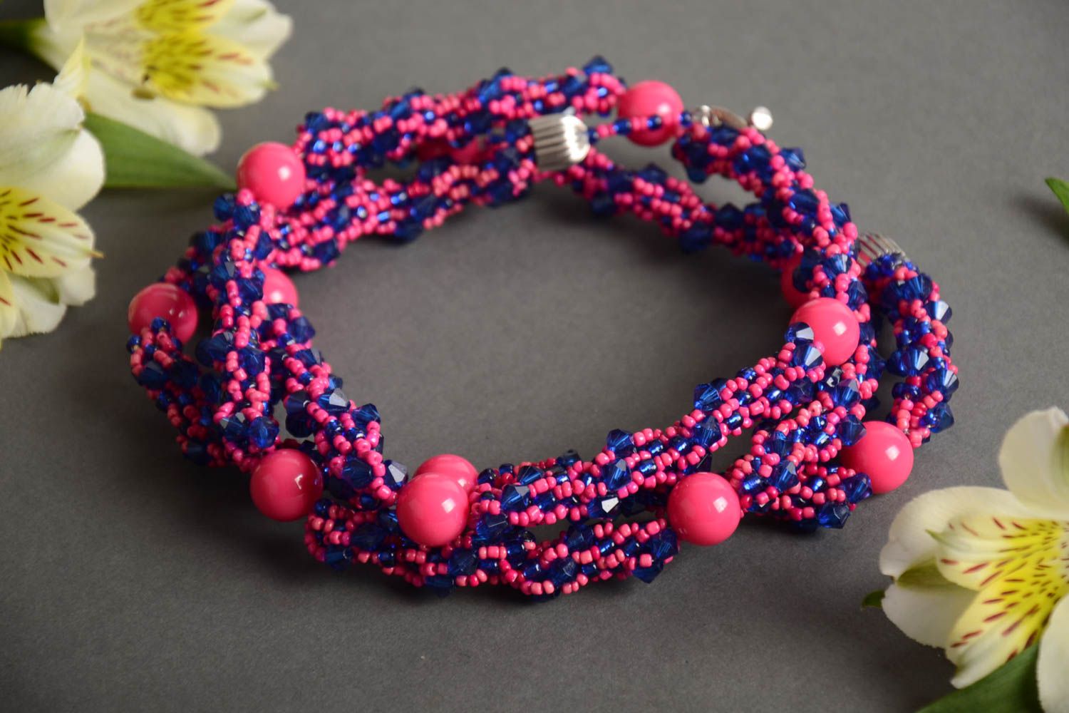 Handmade designer women's necklace crocheted of bright pink and blue Czech beads photo 1