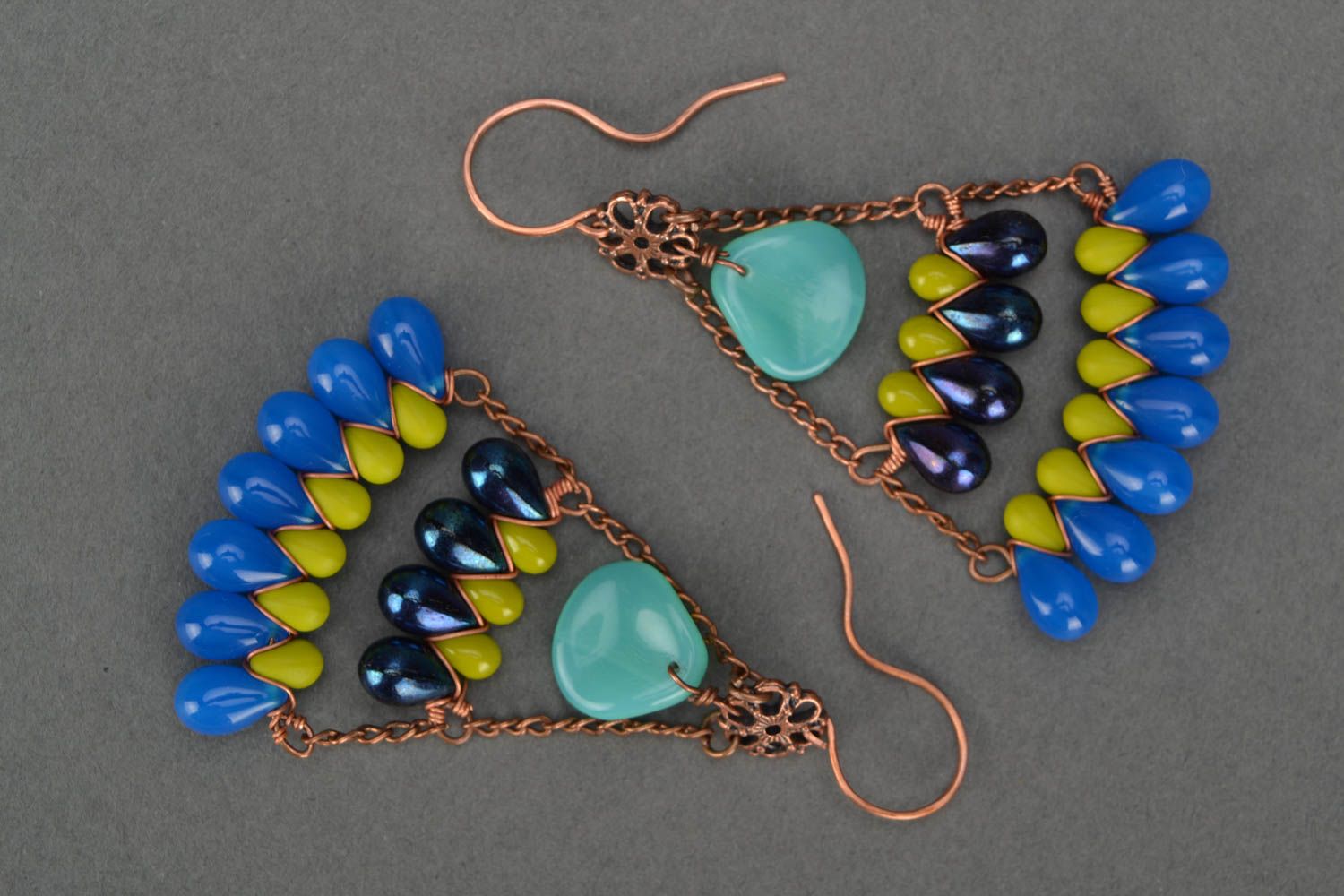 Beautiful handmade massive beaded earrings with Czech glass Peacock Tail photo 2