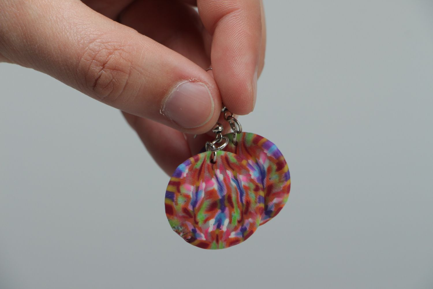 Bright color polymer clay round earrings photo 3