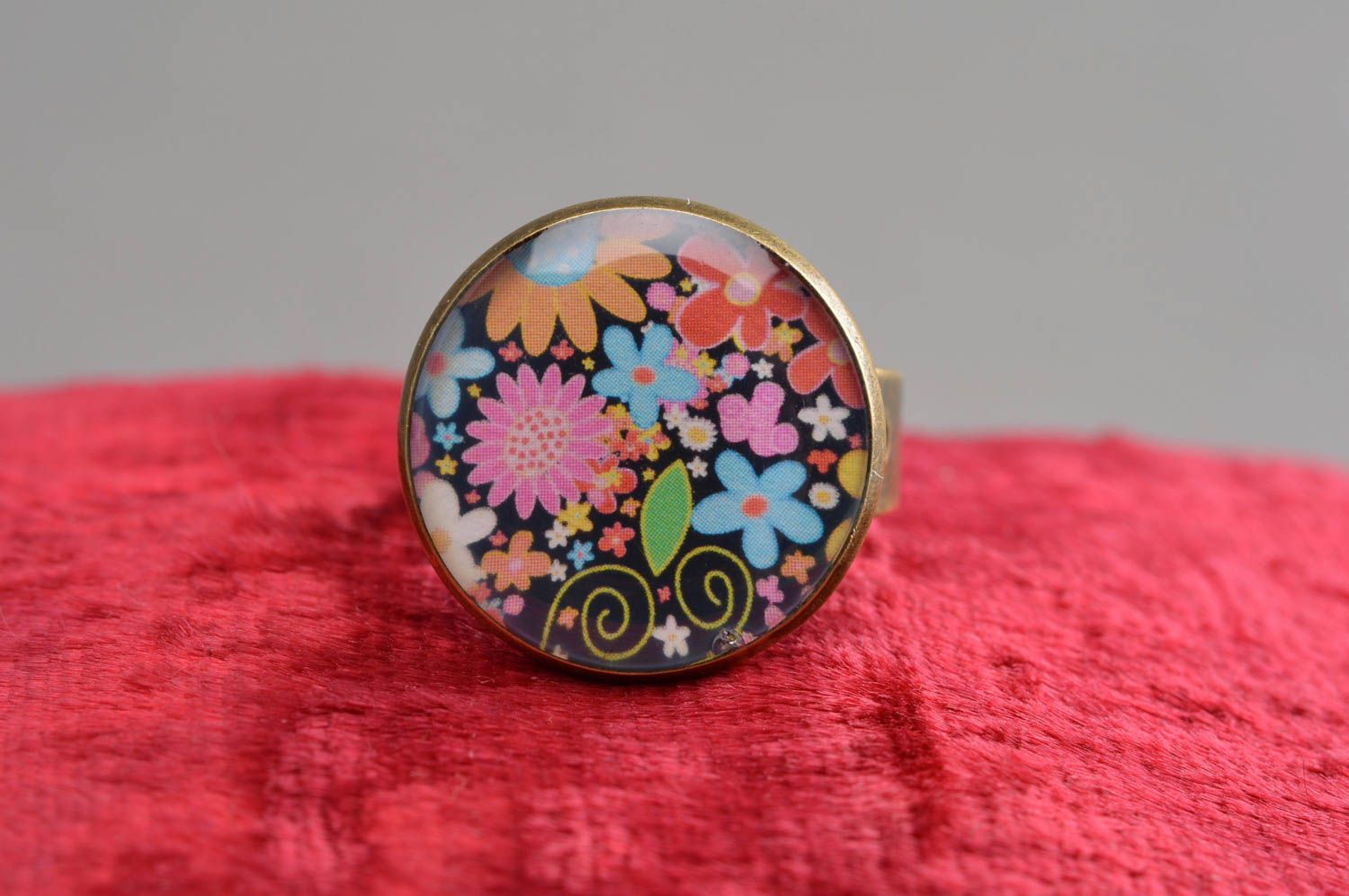 Bright decoupage handmade designer ring of adjustable size with print  photo 3