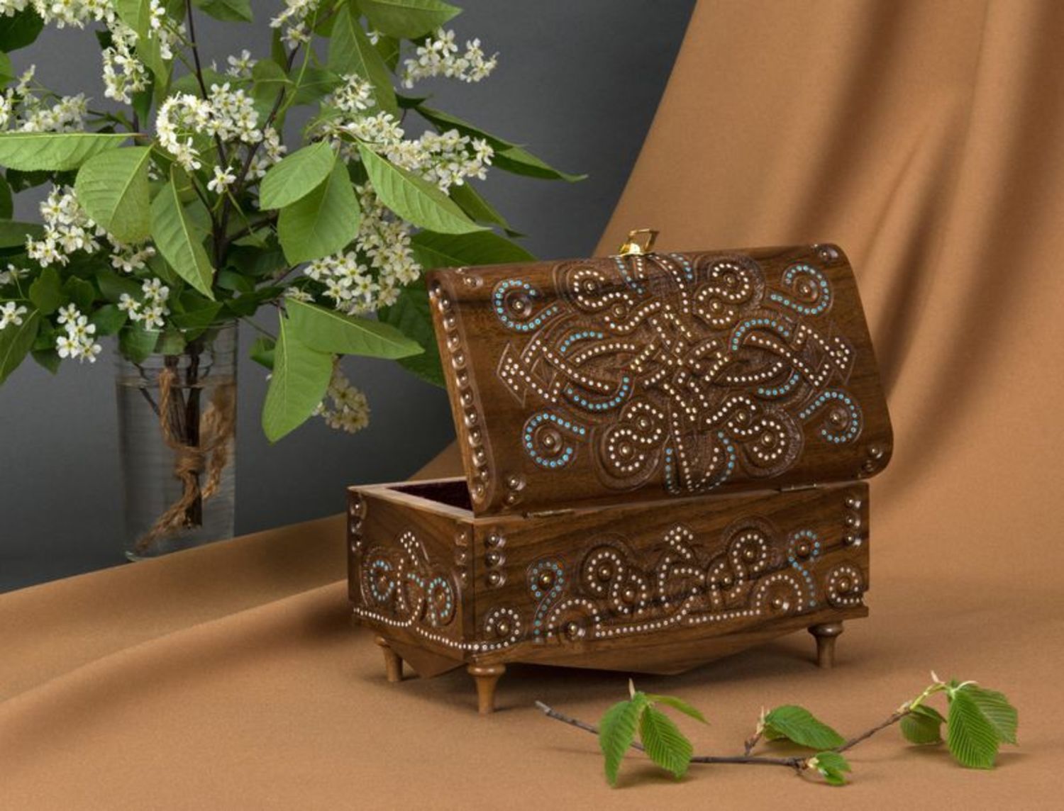 Handmade wooden jewelry box with beads inlay photo 1
