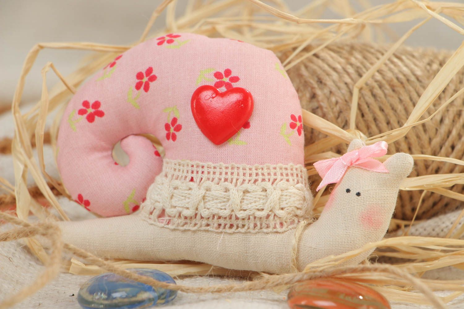 Handmade cotton fabric soft toy keychain in the shape of small snail of pink color photo 1
