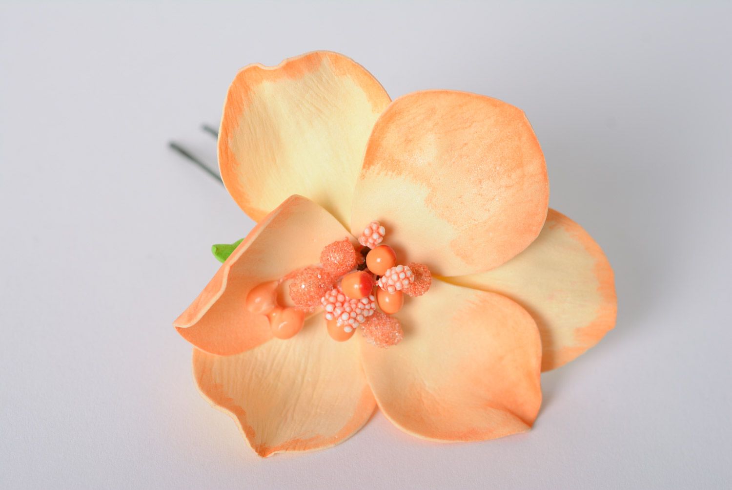 Handmade beautiful orange plastic hair pin made of suede and foamiran orchid flower photo 3