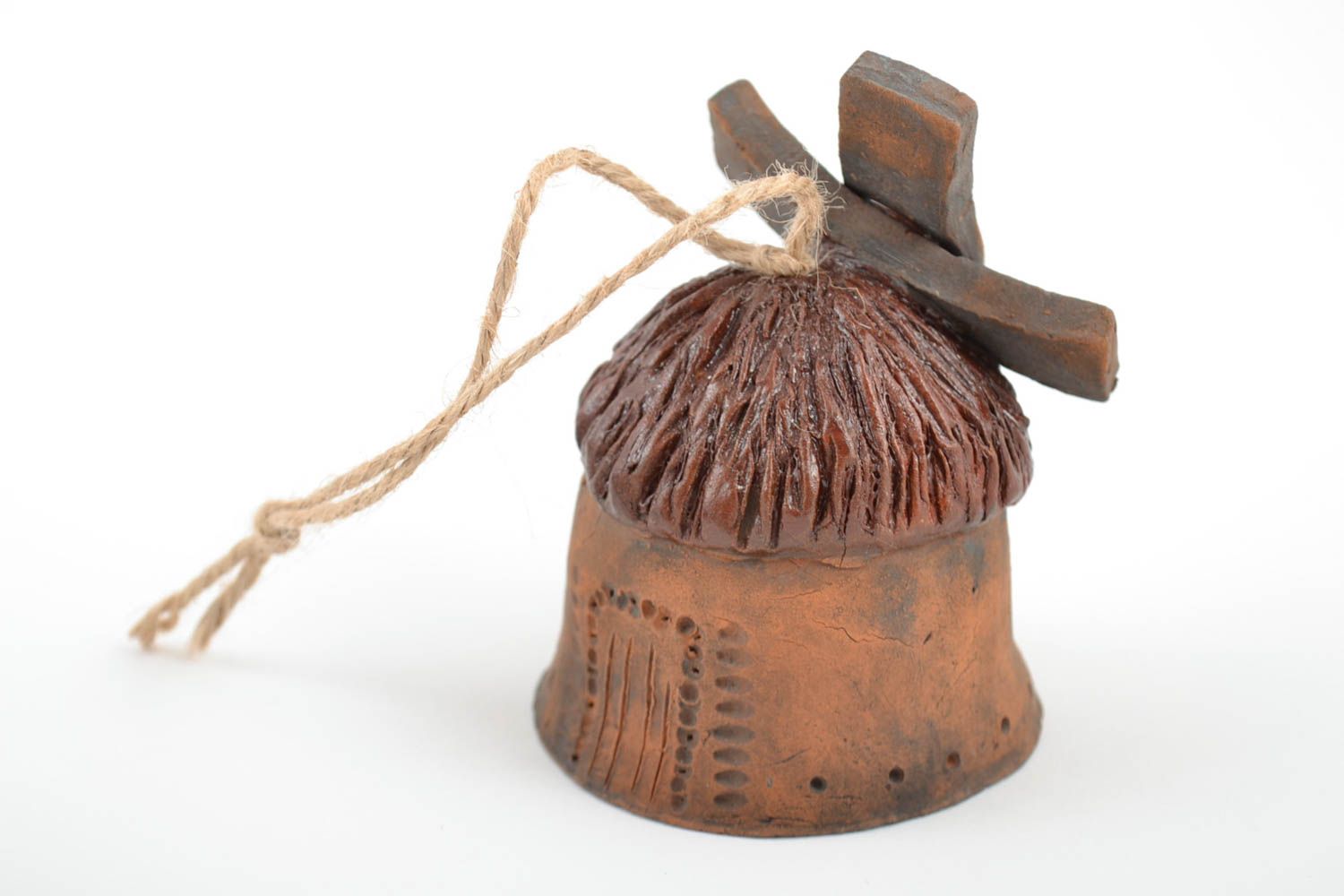 Clochette en céramique faite main brune en forme de moulin originale à suspendre photo 5