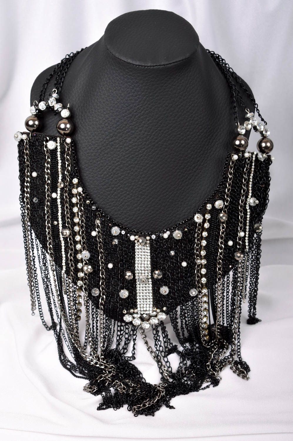 Massive metal necklace handmade leather jewelry elegant black necklace photo 1
