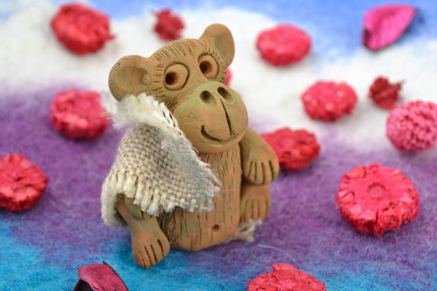 Handmade funny collectible brown ceramic animal figurine of monkey in shawl photo 1
