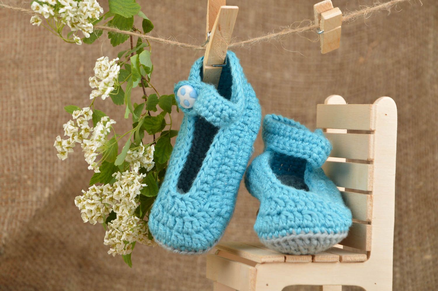 Beautiful unusual cute blue handmade baby bootees made of natural cotton photo 1