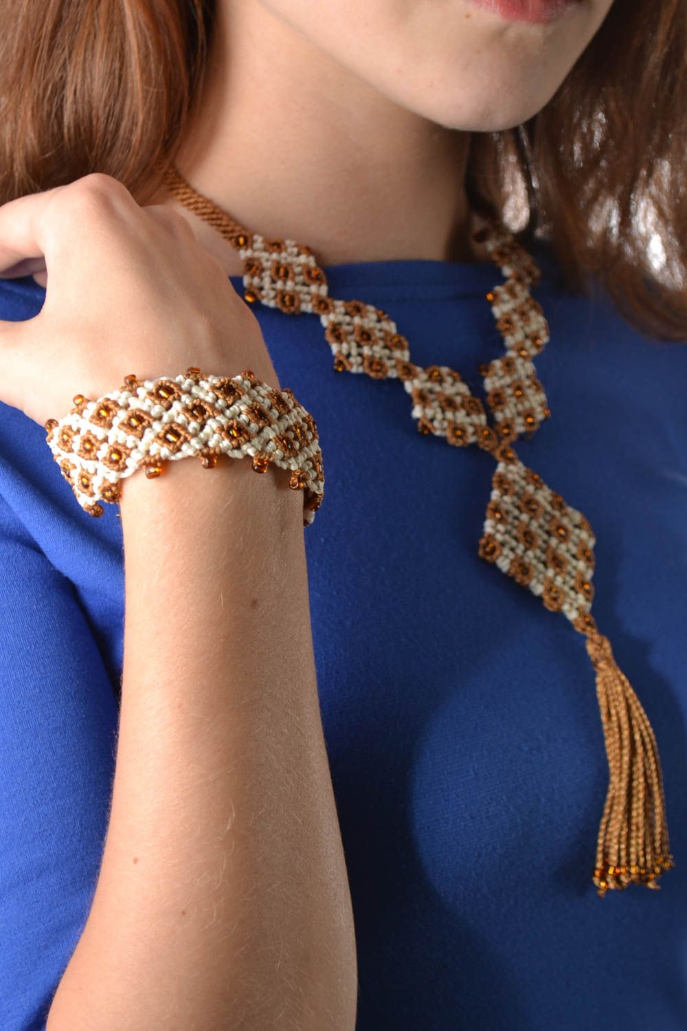 Set of handmade macrame woven thread jewelry wrist bracelet and long necklace photo 1