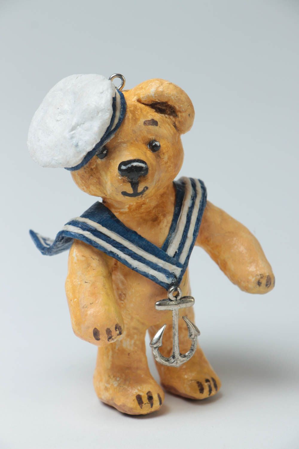 Handmade interior paper mache wall hanging painted with watercolors bear sailor photo 2