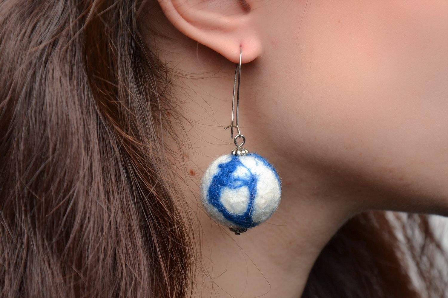 Felted wool earrings Blue Sphere photo 2