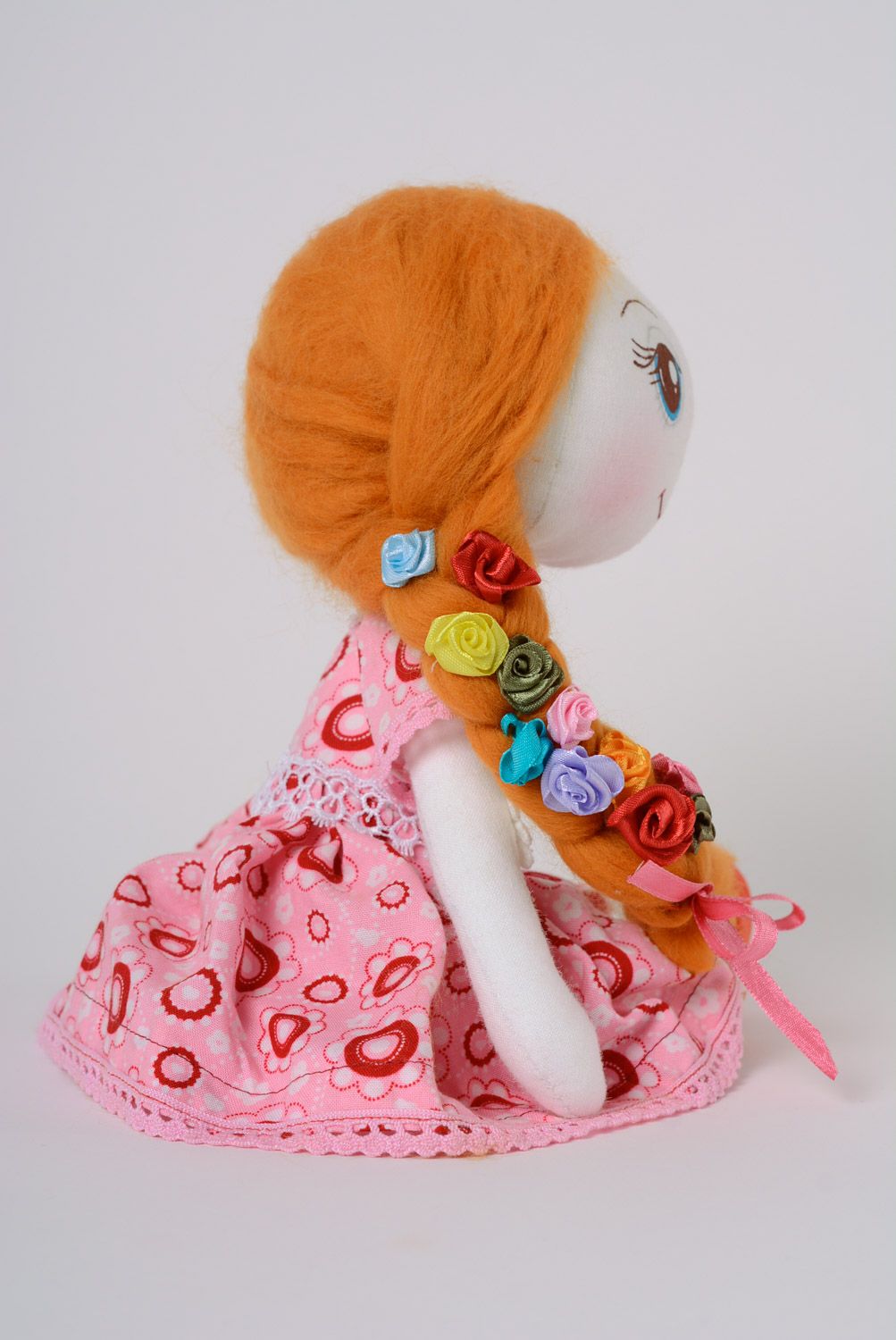 Handmade fabric soft doll with long braid in pink dress photo 5