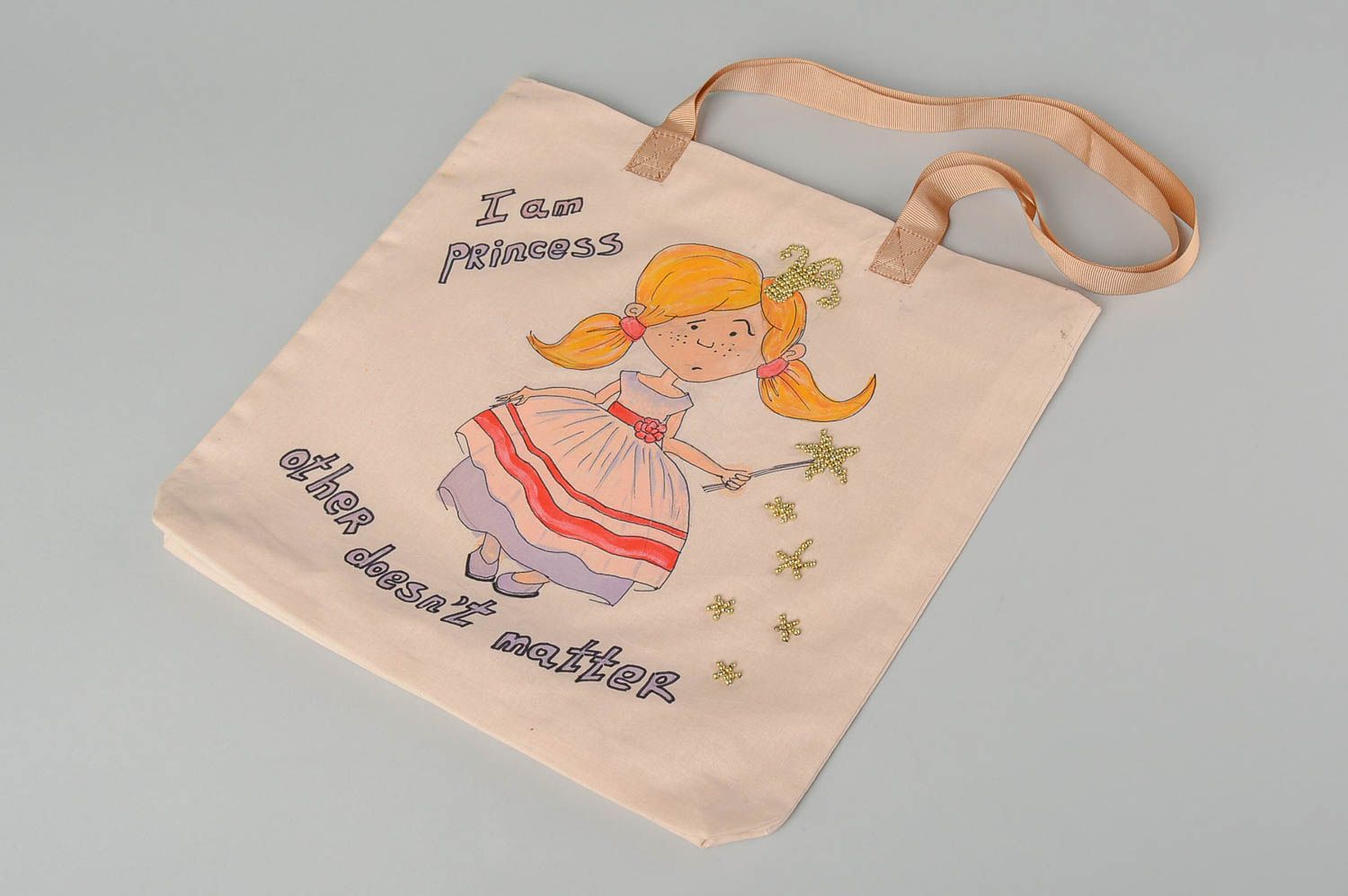 Сумка ручной работы сумка с рисунком принцессы бежевая женская сумка большая фото 2