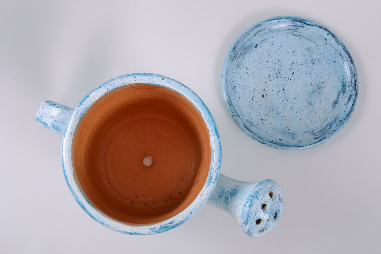 Pot de fleur en terre cuite en forme d'arrosoir bleu décoratif fait main photo 4