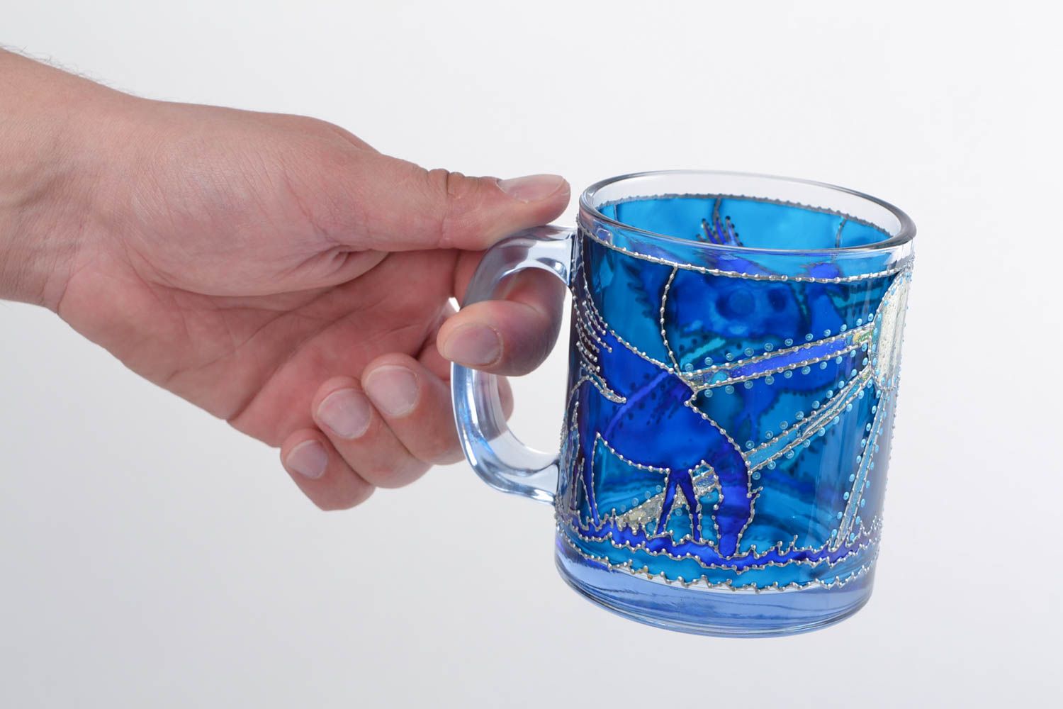 Ice blue clear glass coffee mug with handle and hand-painted pattern photo 2