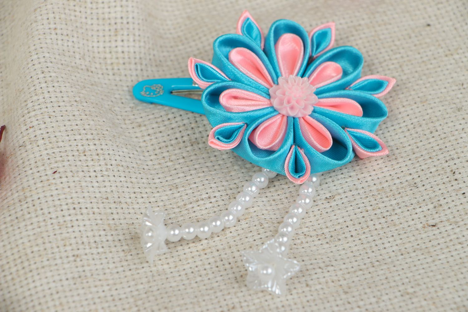 Tender handmade hair clip with pink and blue satin kanzashi flower with beads photo 5