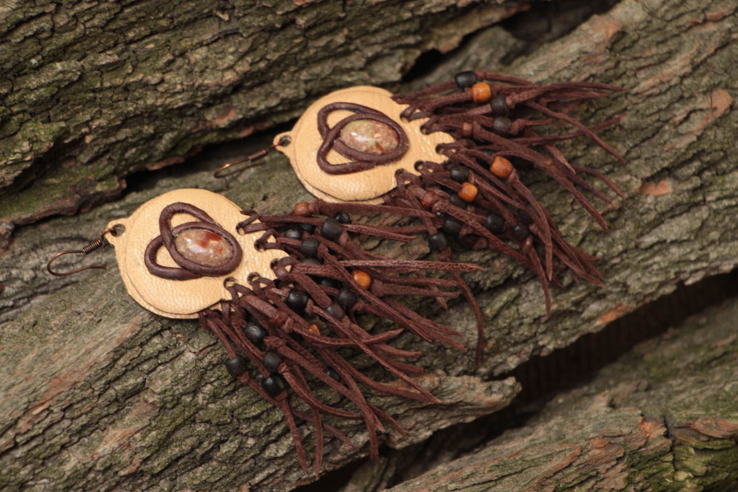 Boucles d'oreilles de cuir avec jaspe faites main grandes longues ethniques photo 1