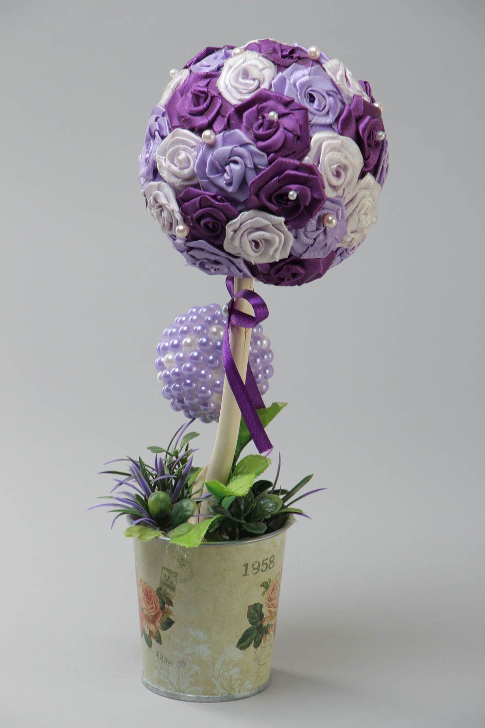 Handmade topiary made of satin ribbons tree of happiness in purple tones photo 2