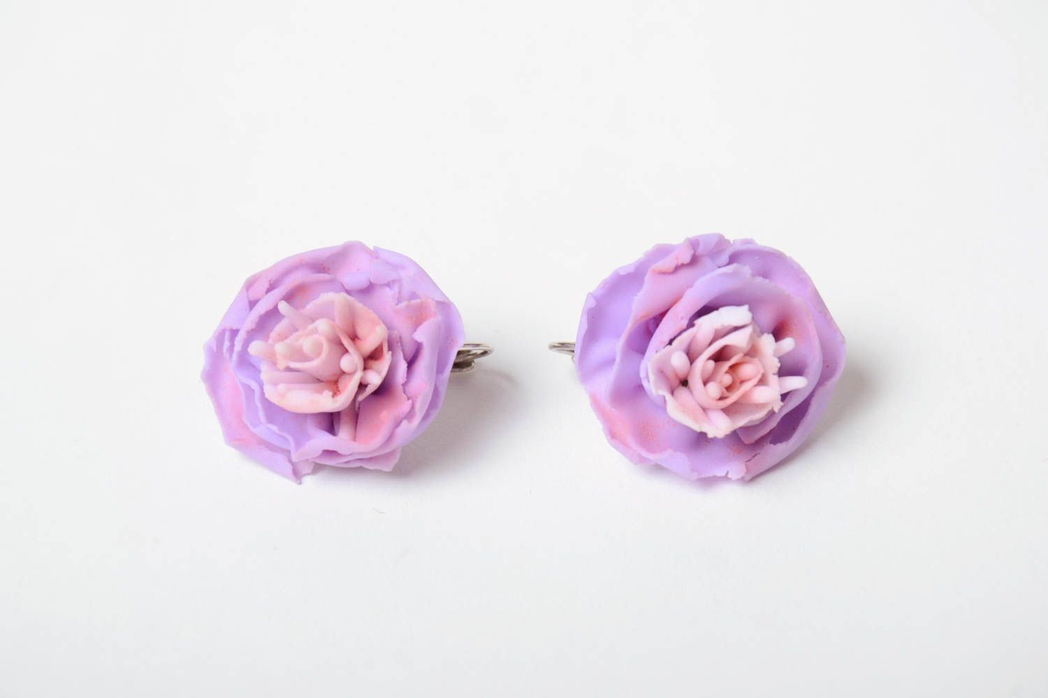 Handmade designer polymer clay small stud earrings with flowers of lilac color photo 5