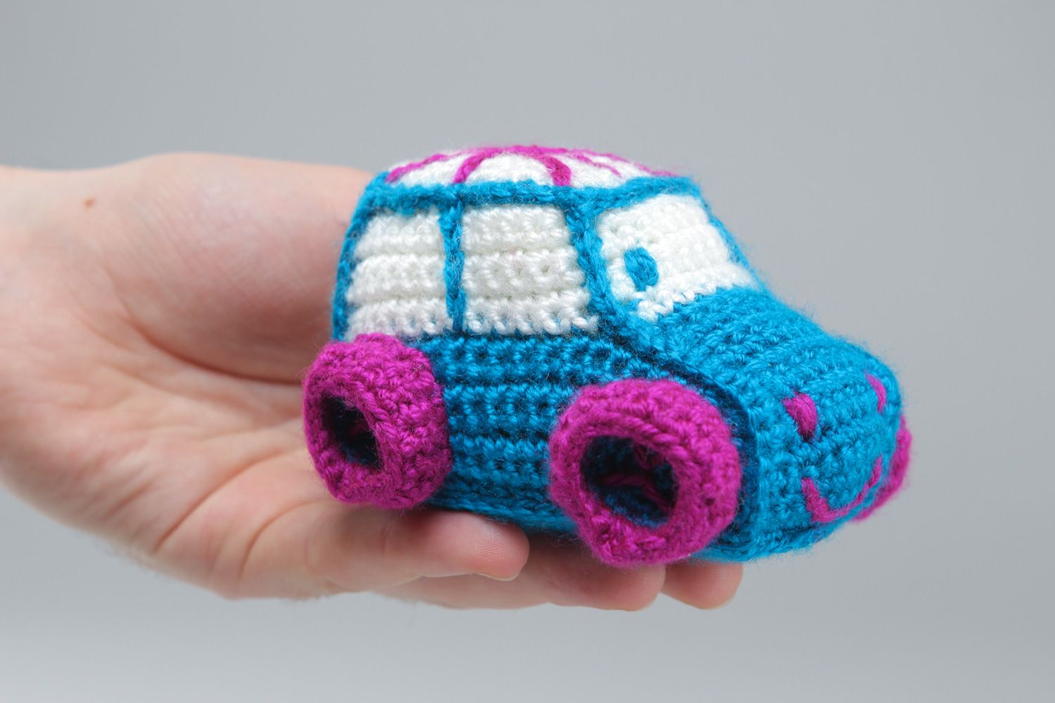 Handmade soft toy in the shape of small car crocheted of acrylic threads photo 4