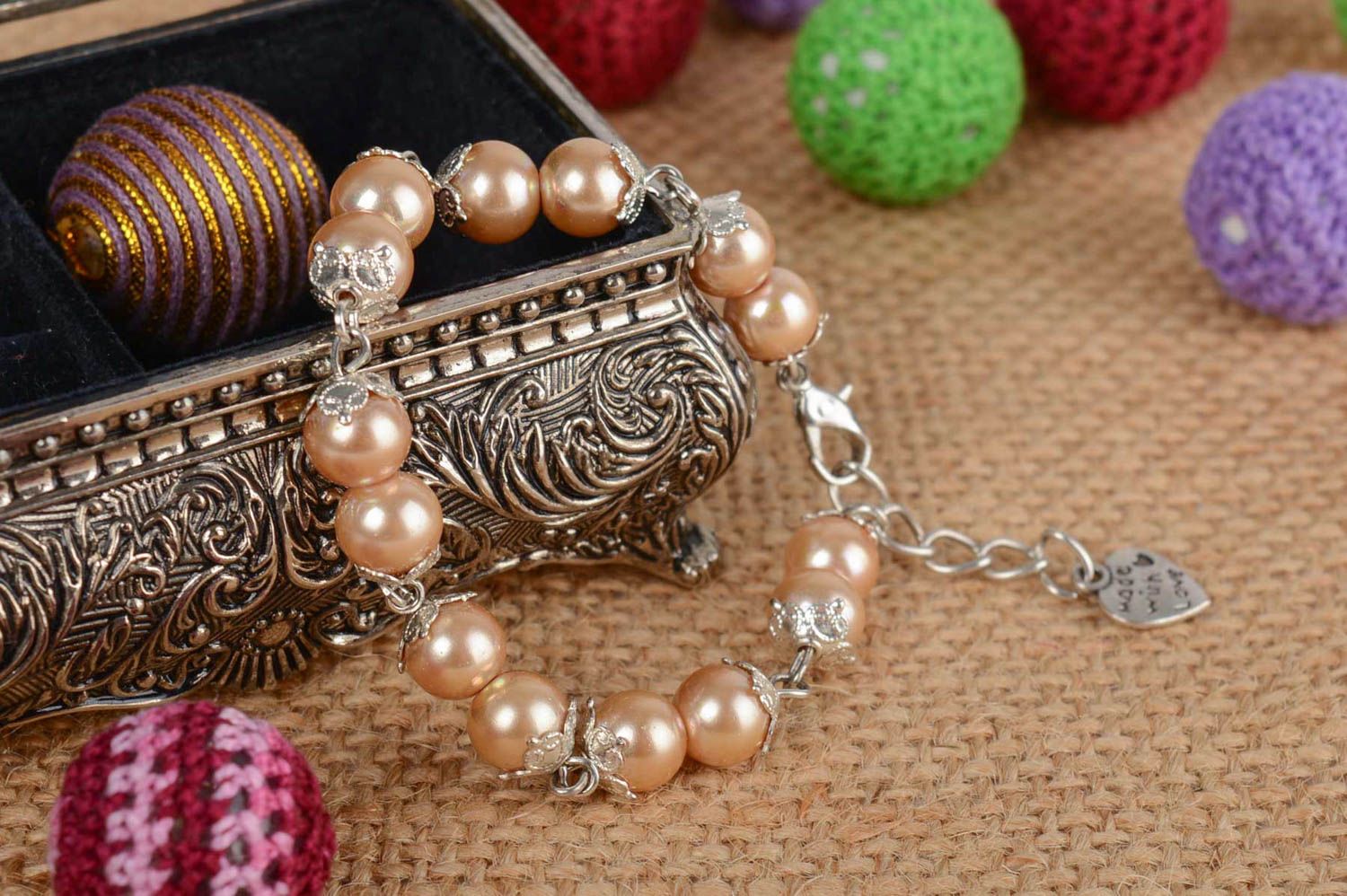 Beige ceramic pearls bracelet on a chain delicate handmade evening accessory photo 1