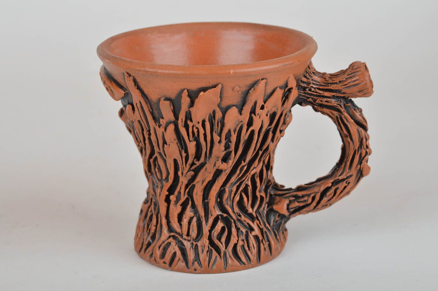 3 oz clay light brown glazed coffee cup in fake wood pattern with handle photo 1