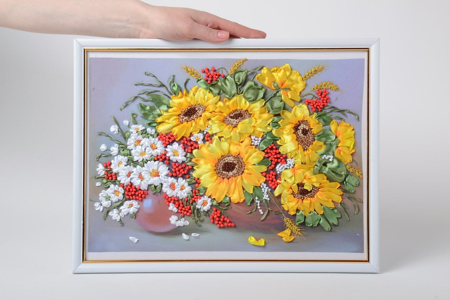 Exklusives handmade buntes Wandbild mit Blumen aus Atlas und Gabardine Sonnenblumen  foto 5