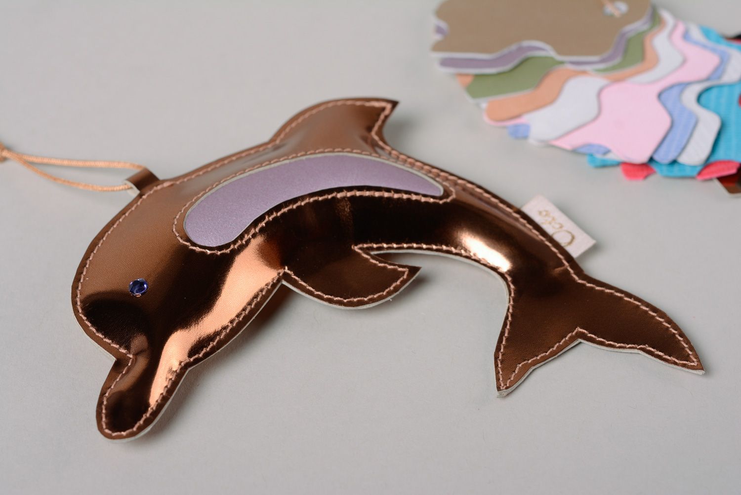 Handmade leather bag charm in the shape of dolphin keychain photo 5