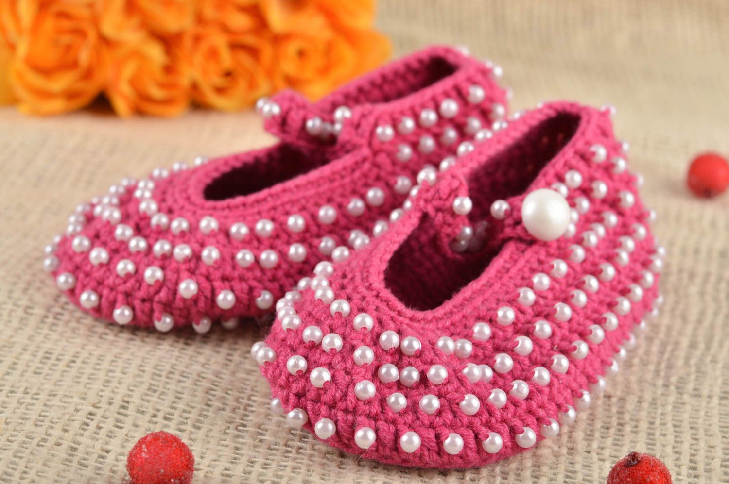 Handmade crocheted baby bootees unusual crimson bootees home shoes for kids photo 1