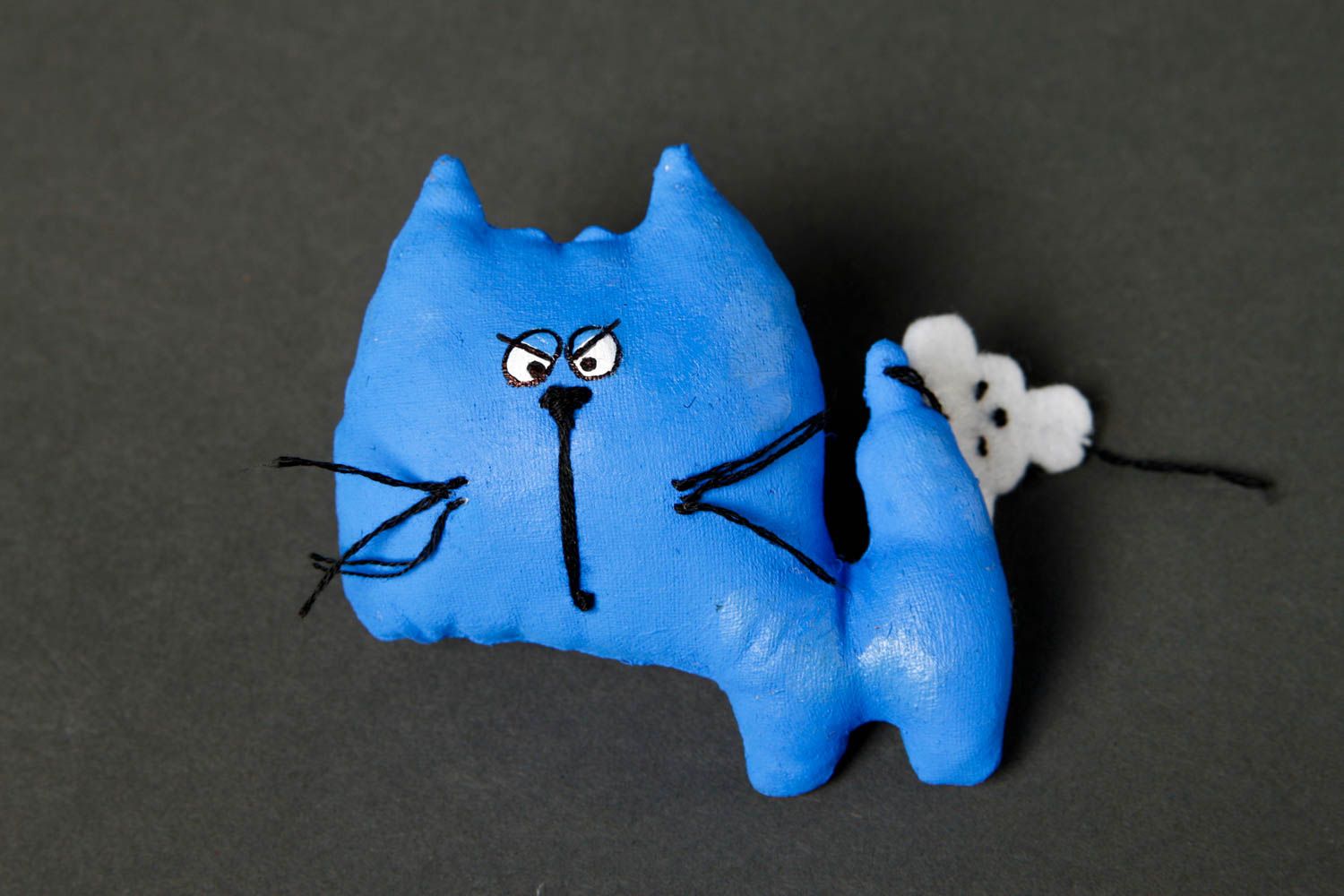 Брошь ручной работы кот дизайнерское украшение текстильная брошь голубая фото 2