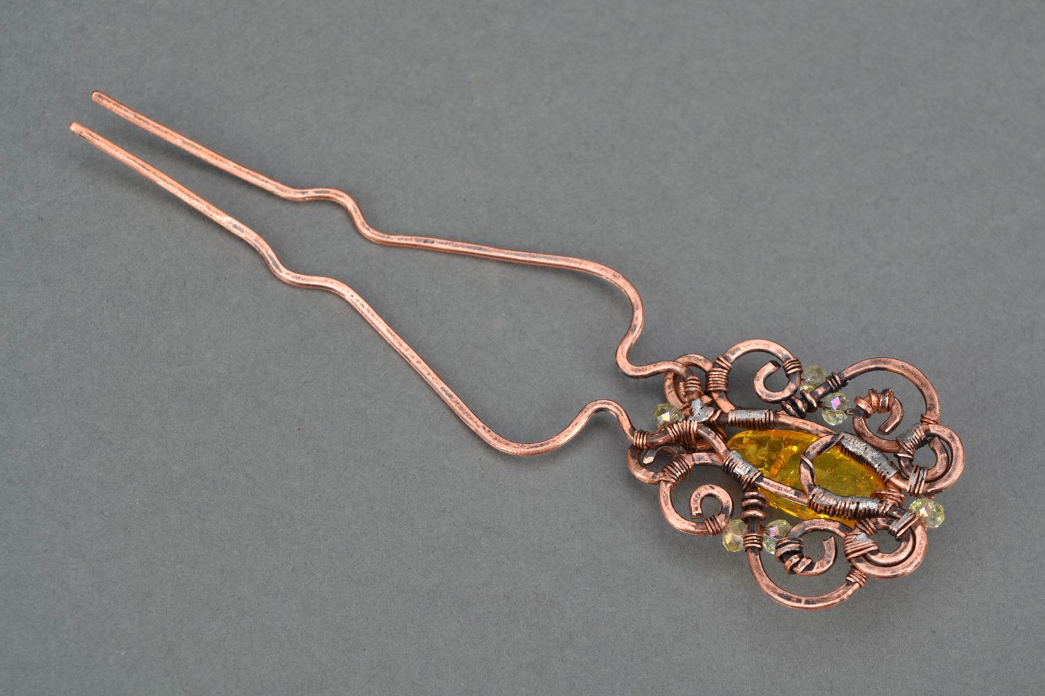 Wire wrap copper hair pin with amber photo 4
