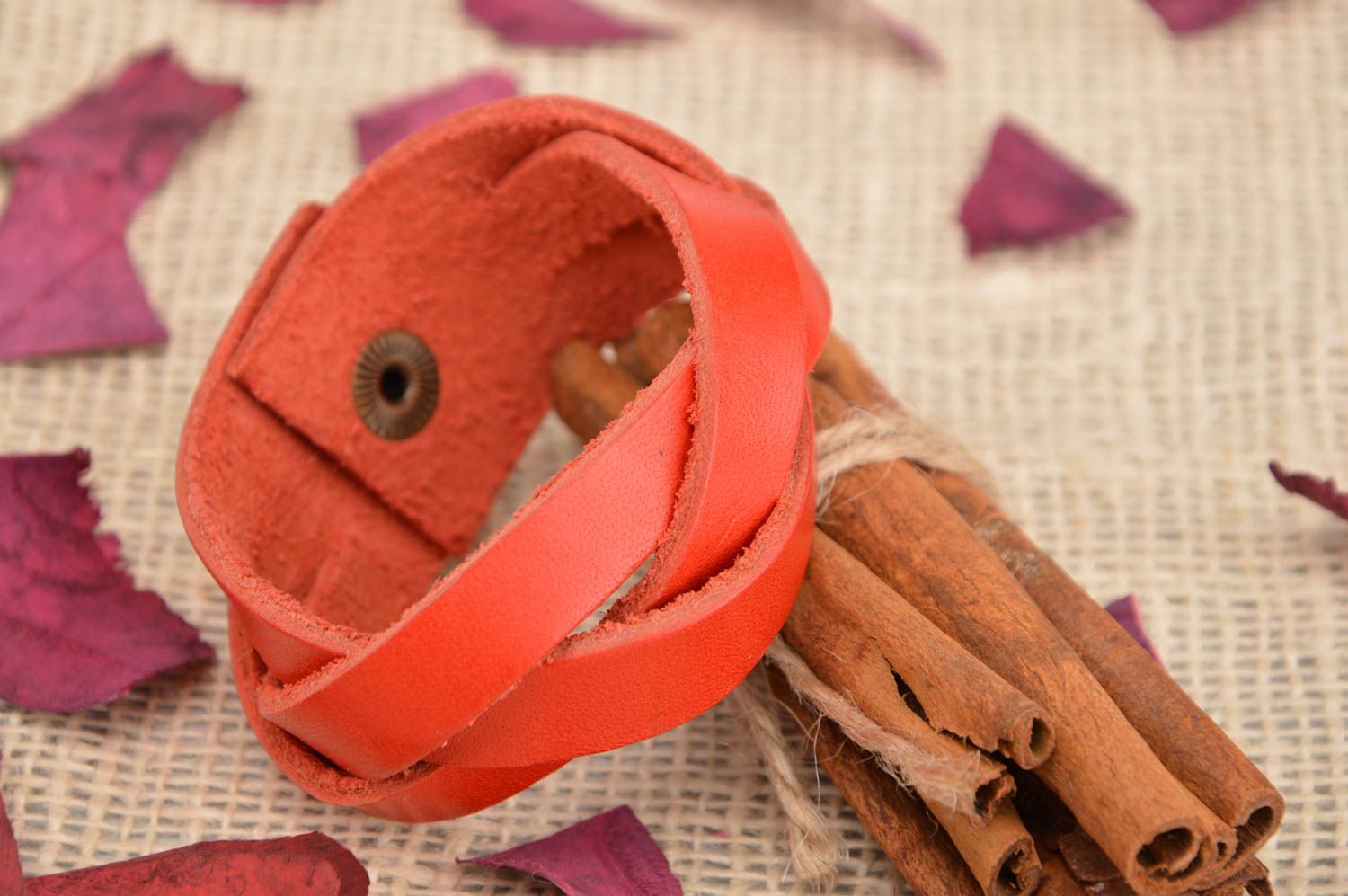 Handmade red designer natural leather woven wrist bracelet with rivet stylish photo 1